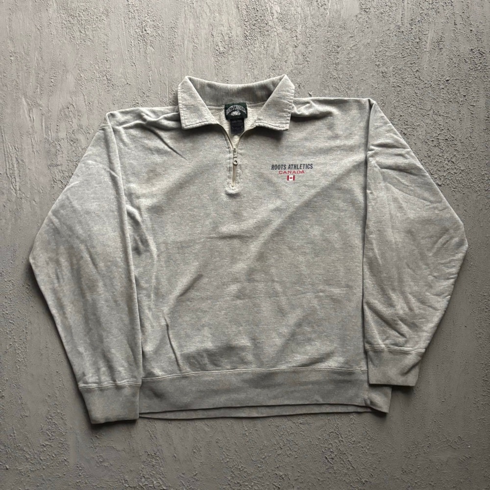 Vintage Roots Athletics Quarter Zip Sweatshirt Mens XXL Grey 90s Roots Canada